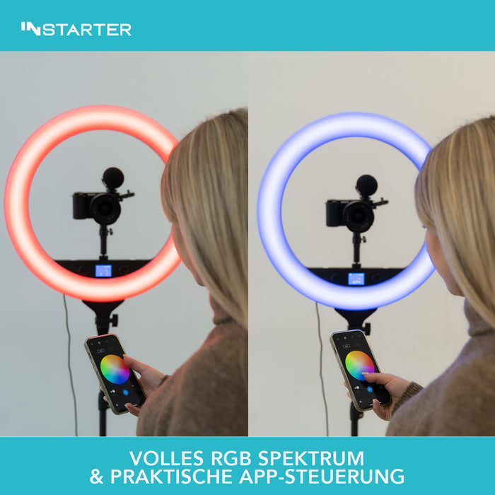 Instarter Ring light a LED con treppiedi, Luce ad anello orientabile a 180°, Lampada per video da 60 W con testa a sfera 360°, illuminazione regolabile