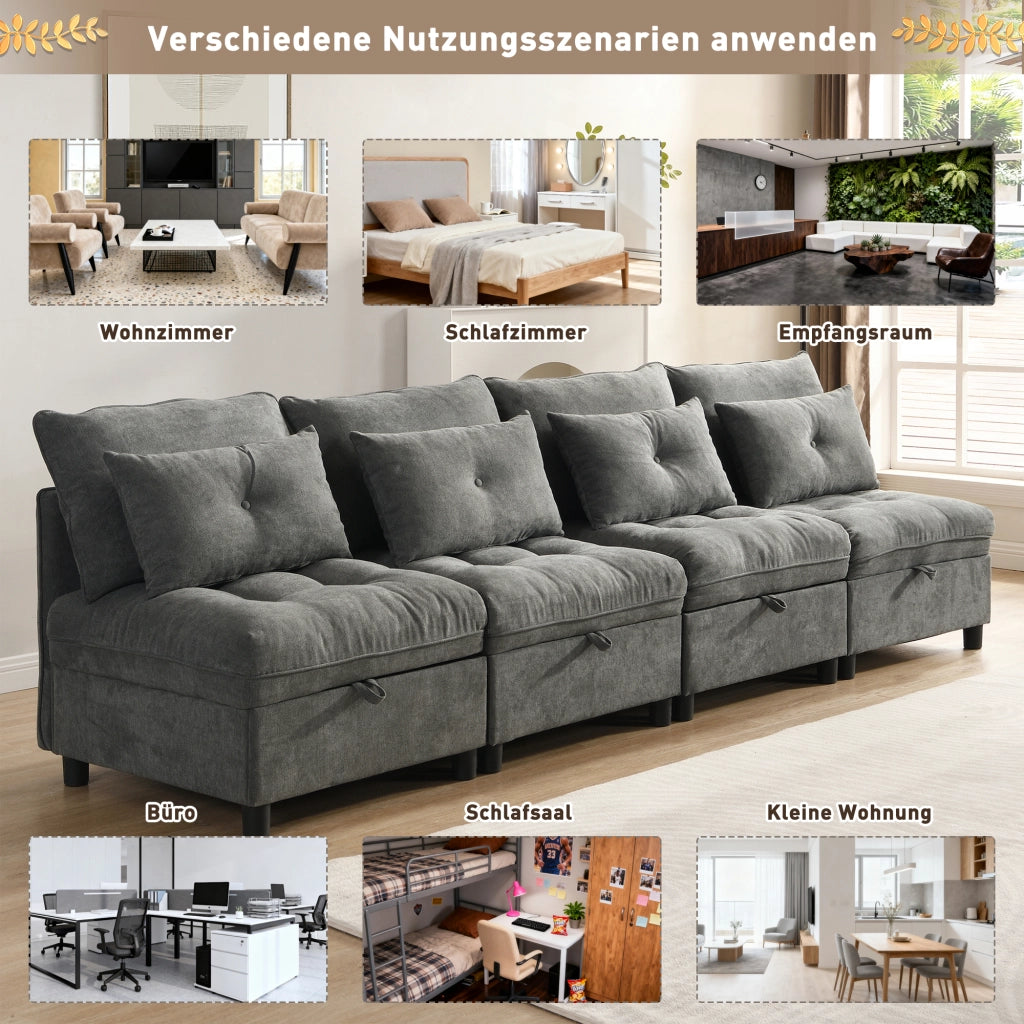 DIVANO modulare 4 posti in chenille grigio antico con contenitore