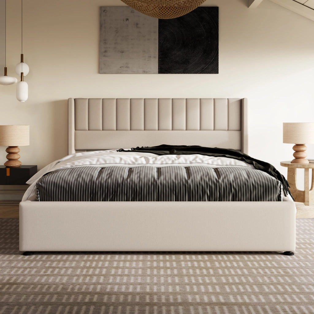 OKWISH Letto Contenitore 160×200 cm, Letto Matrimoniale con Contenitore Idraulico e Testiera Imbottita, senza Materasso, in Lino, Beige