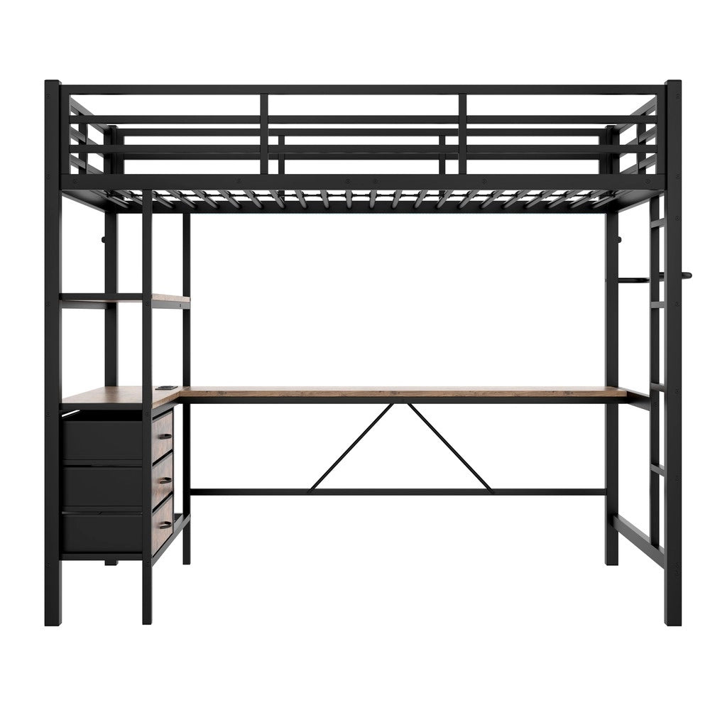 Letto a Soppalco con Scrivania, LED, Cassetti e Rete a Doghe ¨C MINIMAL ¨C Nero 90x200