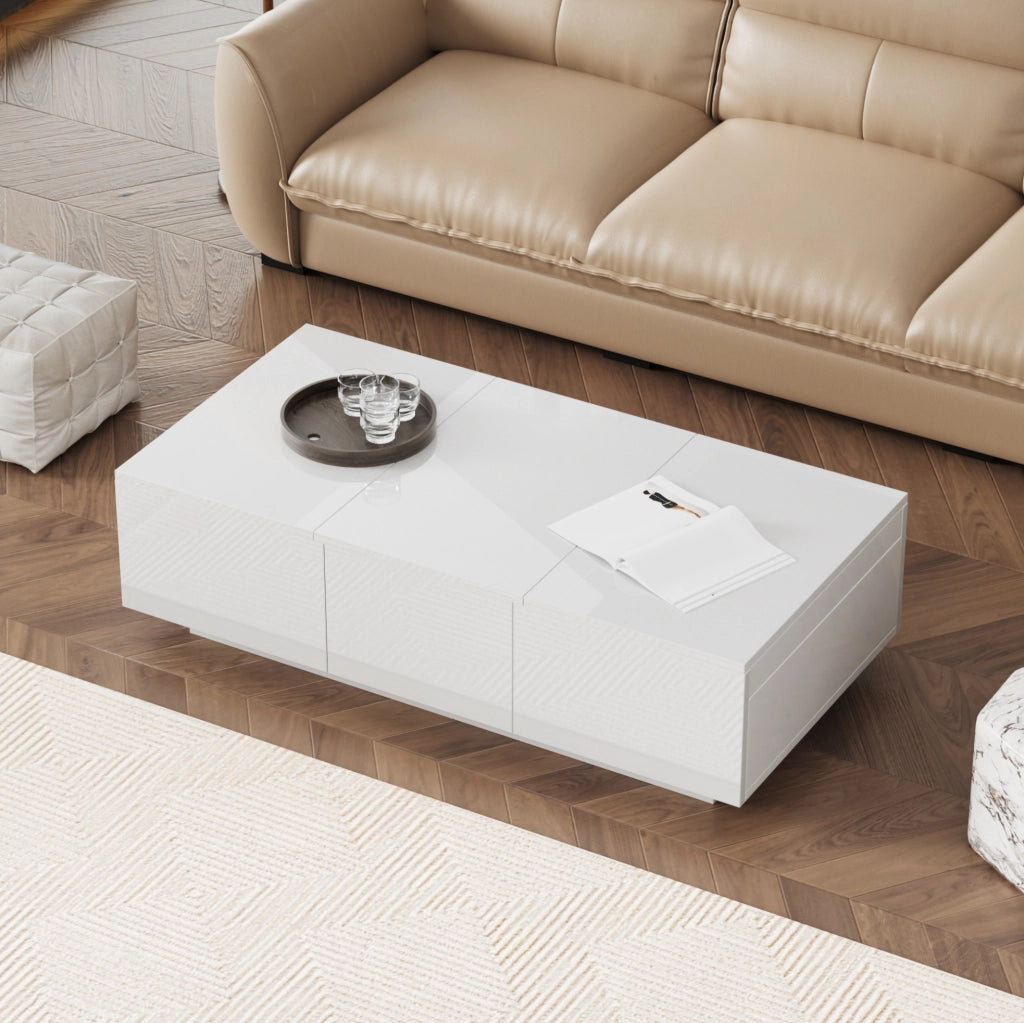 Tavolino da salotto con cassetti e vani contenitore 100x50x31 cm in truciolare bianco lucido