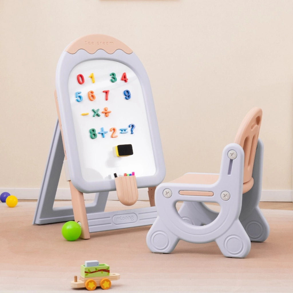 Cavalletto regolabile e pieghevole con lavagna e scatola portaoggetti, Cavalletto da disegno per bambini con sedia Viola