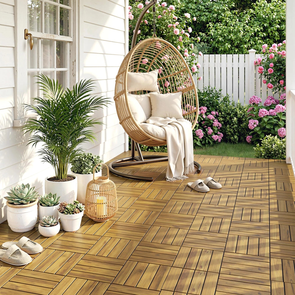 Set 10 Pezzi Piastrelle Legno Giardino Esterno 31x31 cm ¨C zephmum ¨C Antiscivolo Naturale