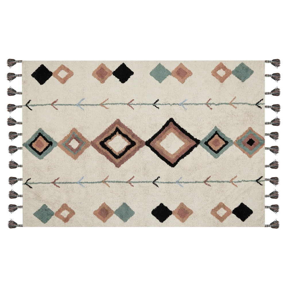 Tappeto rettangolare in cotone con nappe e motivo a diamante multicolore 140 x 200 cm soggiorno camera da letto