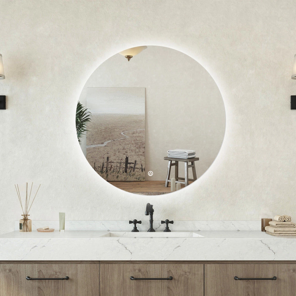 Specchio bagno tondo 70 cm con led. Dimmerabile + Touch Control + Bordo non sabbiato + IP44