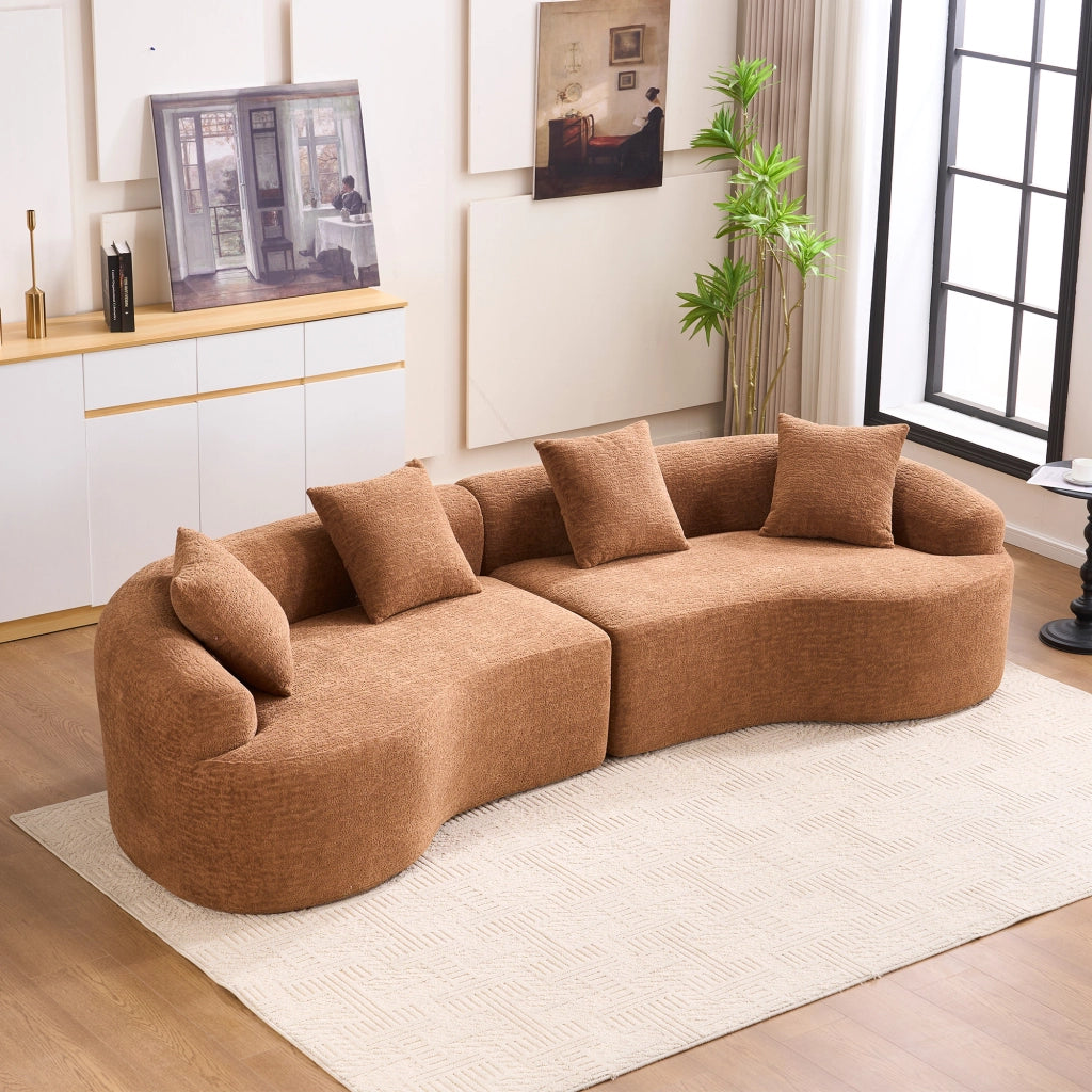 Divano ad angolo modulare 4 posti in chenille con design curvo e comfort elevato per soggiorno, color caramello