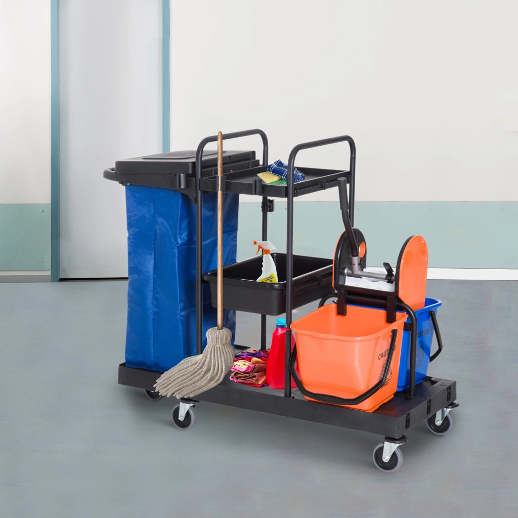 Carrello Pulizie Professionale 3 Ripiani ¨C Xylo ¨C Nero con Secchio Strizzatore e Sacco Immondizia 111x63x103cm
