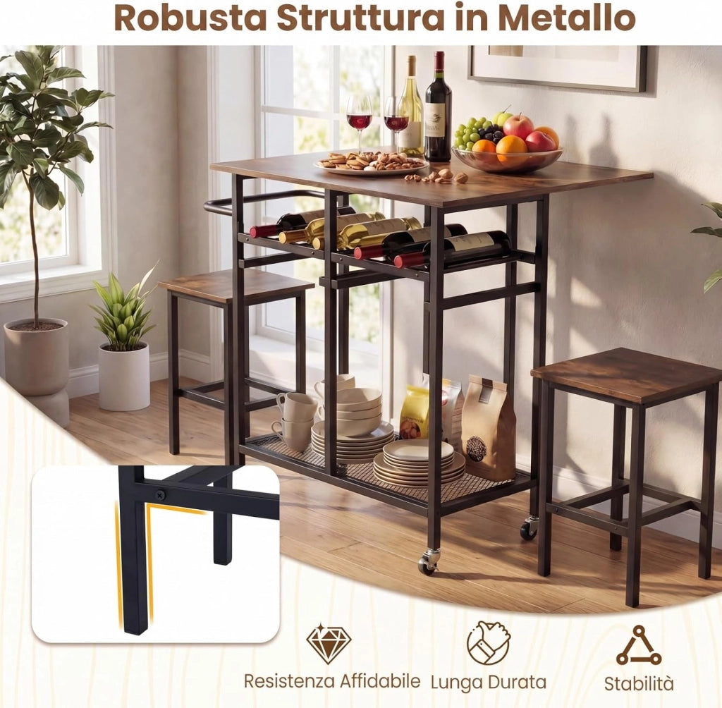 Set Tavolo da Pranzo Pieghevole 3 Pezzi, Tavolo Salvaspazio Estendibile con 2 Sgabelli con Ruote, Portabottiglie da 6 Posti, Ripiani e Maniglia Laterale per Cucina (Caffè,Modello 2)