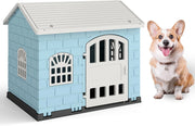 Cuccia per Cani da Esterno ed Interno, Cassetta per Cani con Porta Bloccabile, 3 Finestre e Tetto Inclinato, Cucce per Cagnolino in Plastica Impermeabile (Blu)
