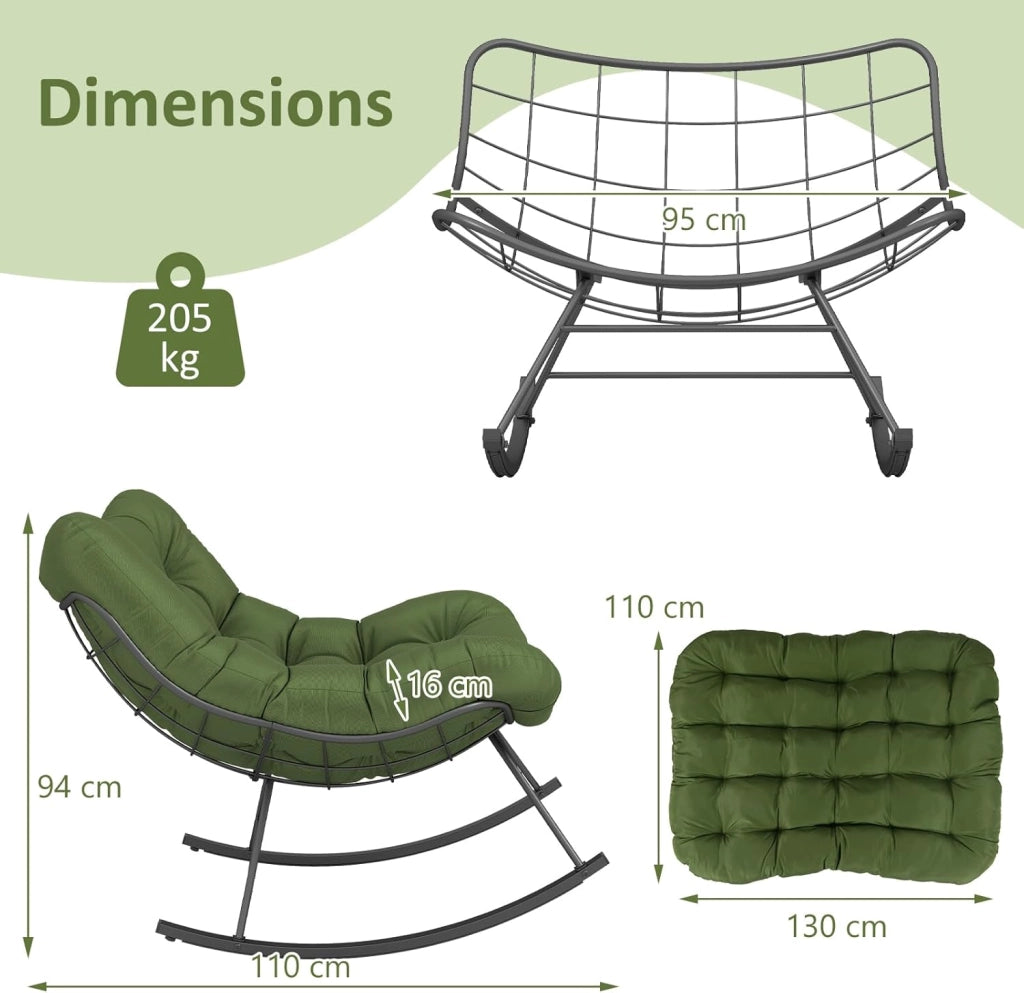 Sedia a dondolo Oversize, Sedia Papasan a forma di uovo con cuscino spesso, poltrona a dondolo per interni ed esterni, carico 205 kg, per giardino, terrazza, grigio (Verde)