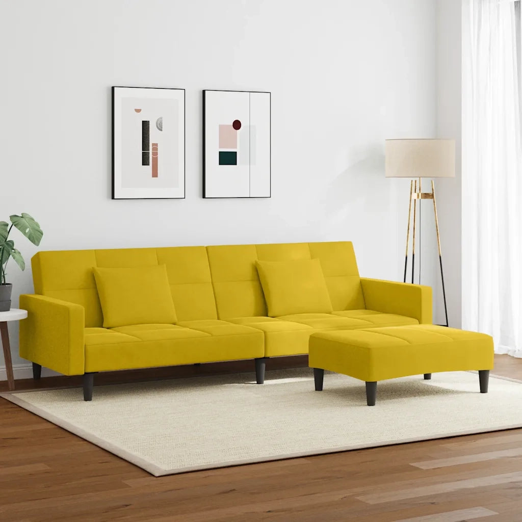 Divano Letto 2 Posti con Sgabello Giallo in Velluto