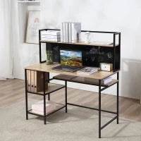 Scrivania con ripiani scrivania informatica scrivania da computer con 4 ripiani, ampio piano e lavagnetta nera per salotto camera ufficio a casa 120L x 53P x 126H cm, rovere e nero