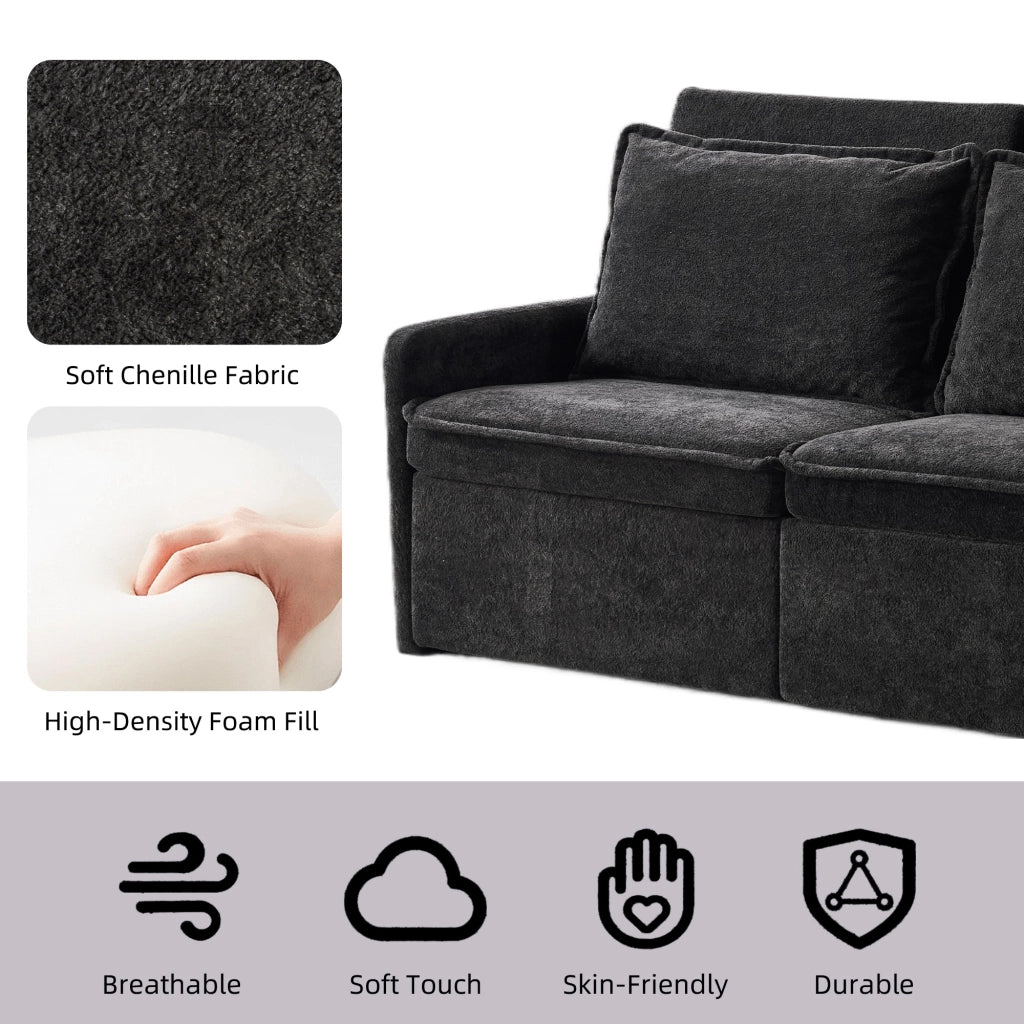 Divano letto con schienale regolabile a 5 posizioni, tasche laterali e porta USB in ciniglia nera