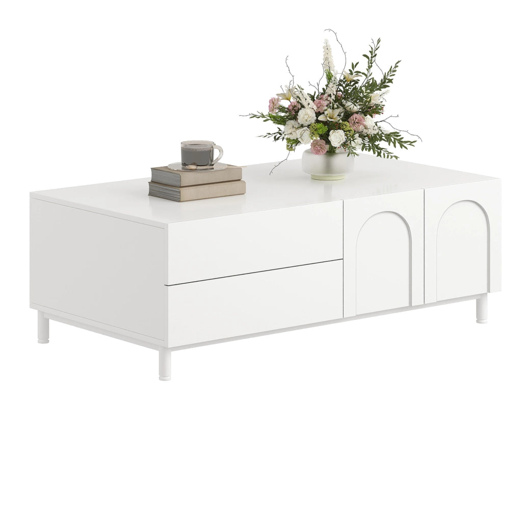 Tavolino da salotto rettangolare 100x50 cm con 2 cassetti e 2 ante; bianco