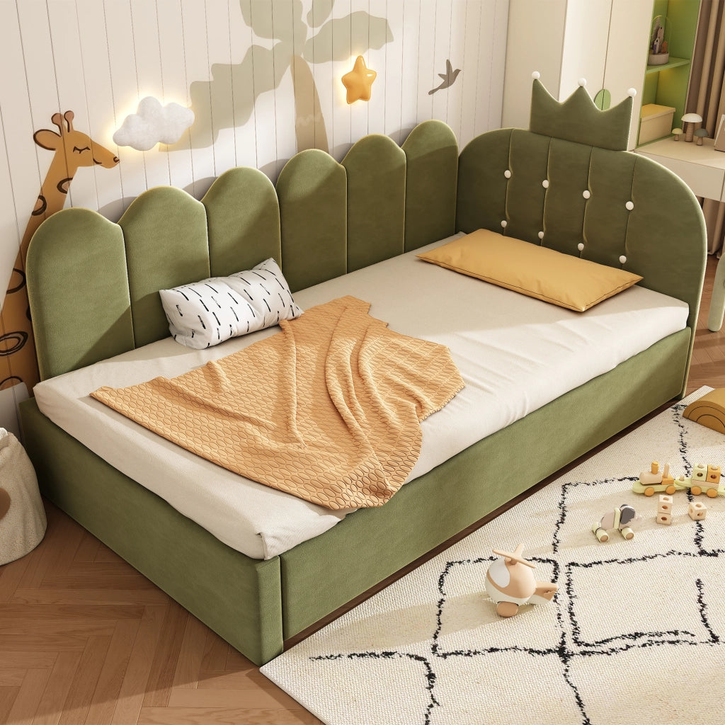 LETTO con letto estraibile 90x200 cm in velluto verde, design corona e griglia