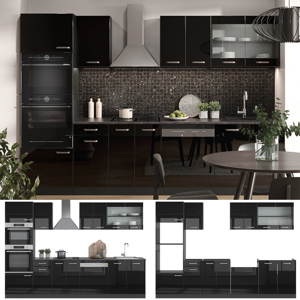 Vicco Cucina componibile Nero lucido/antracite 300 cm con armadio alto, PL Antracite