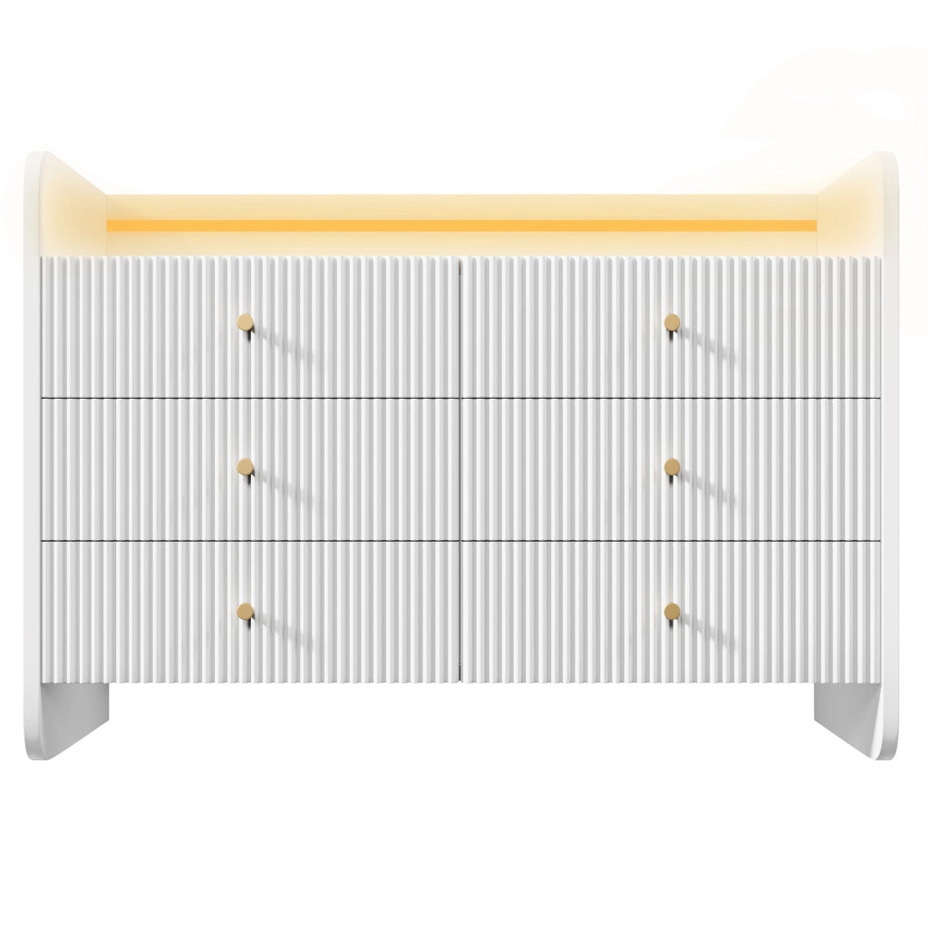 OKWISH Cassettiera Credenza con 6 Cassetti e 1 Vano Aperto, LED, Frontale Ondulato, per Soggiorno o Camera 120 x 40 x 75 cm