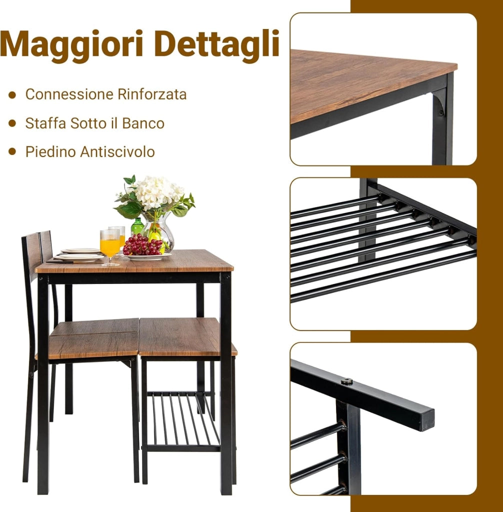 Set Tavolo e Sedie da Pranzo 4 Pezzi, Tavolo da Pranzo con 2 Sedie e 1 Panca, Set Mobili da Cucina Salvaspazio con 4 Posti, per Cucina, Sala da Pranzo e Soggiorno (Marrone)