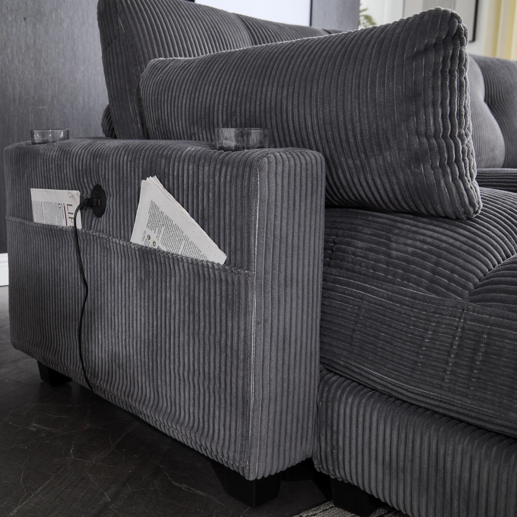 Divano modulare 2 posti in tessuto corduroy con 4 portabicchieri, 4 tasche laterali, porte USB e cuscini grigio