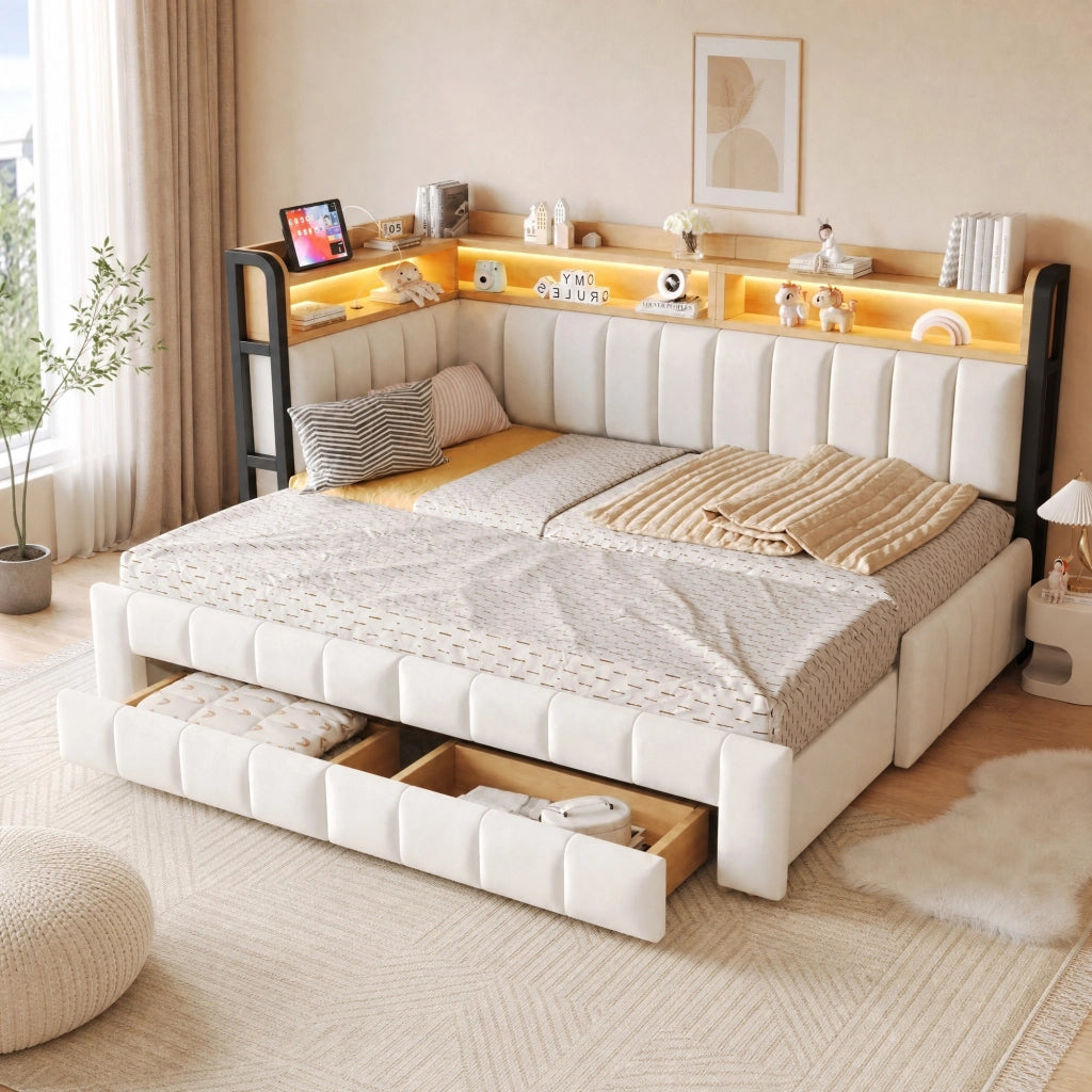 DIVANO LETTO Estraibile 90x200/180x200 cm Velluto Beige con LED
