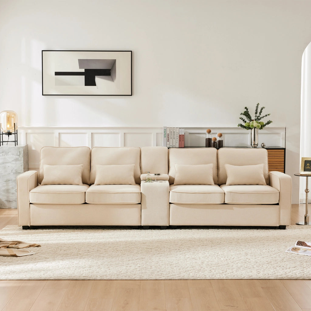 SOFA 4 POSTI CON USB, PORTABICCHIERI, TASCA BRACCIOLI E 4 CUSCINI 290x83x88 cm BEIGE