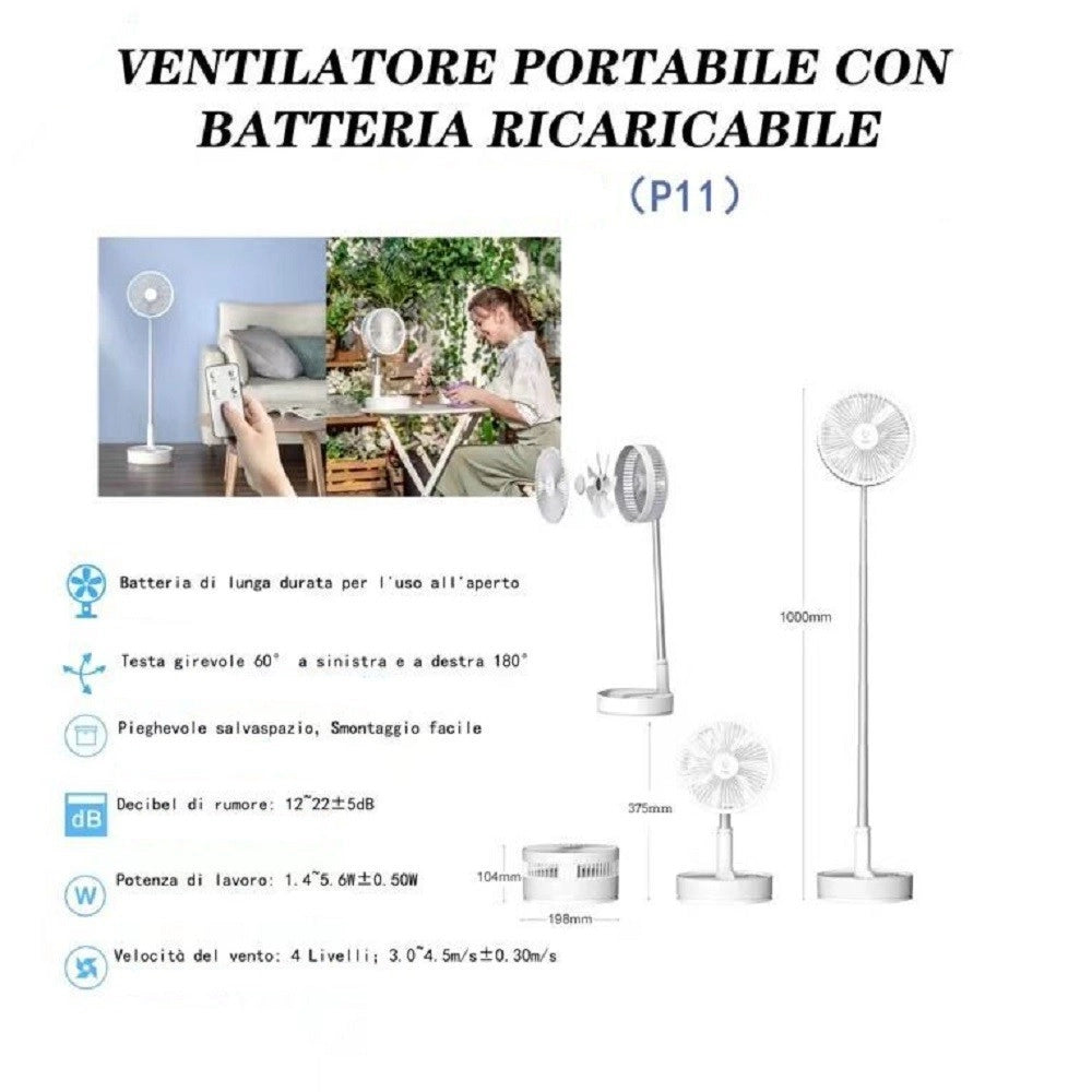 Trade Shop - Ventilatore Pieghevole Portatile Batteria Ricaricabile P11 Salvaspazio 4 Velocità -