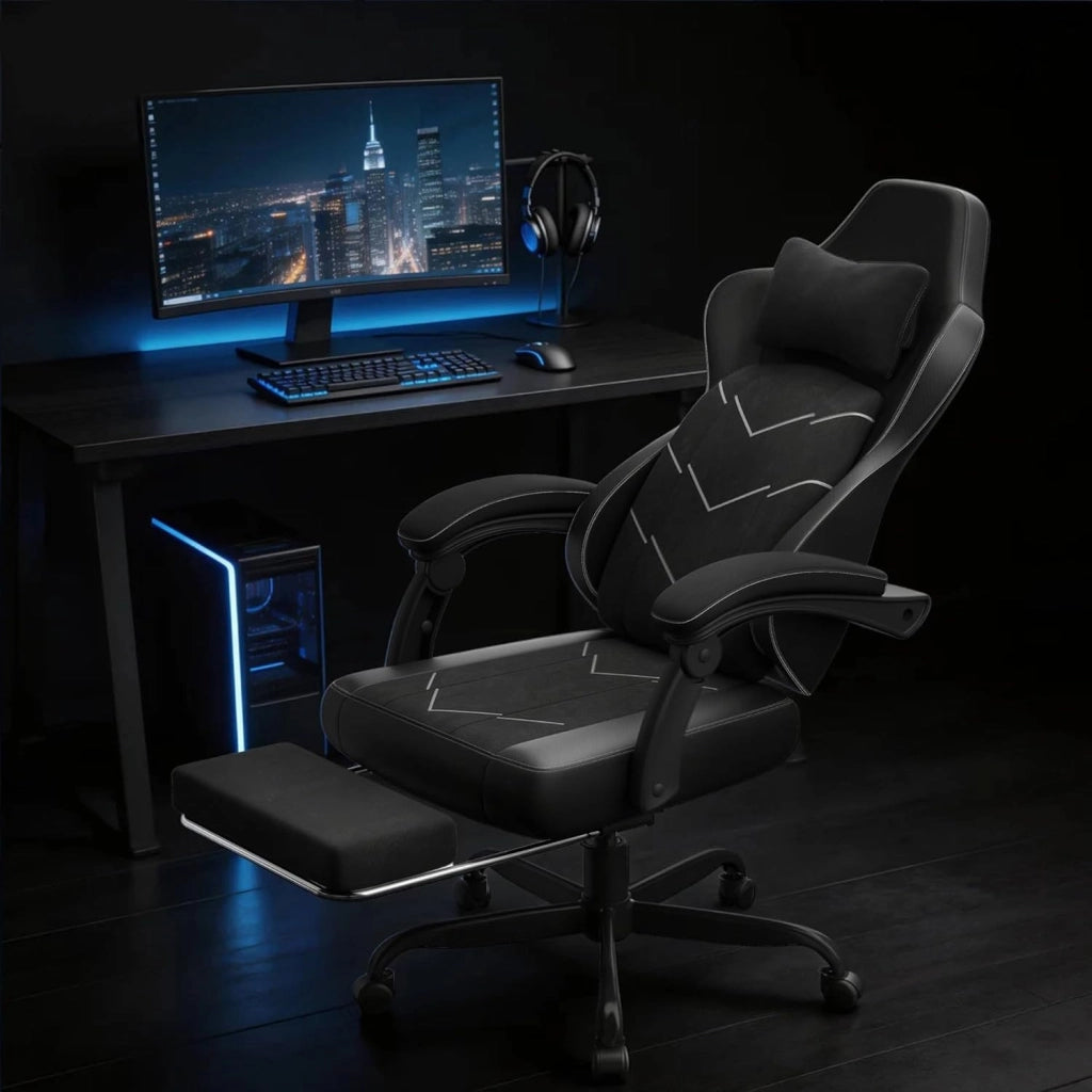 Sedia girevole per videogiochi con supporto lombare, poltrona ergonomica con molle + cuscino in schiuma ad alta densità, schienale reclinabile a 135°, altezza regolabile 10 cm, braccioli