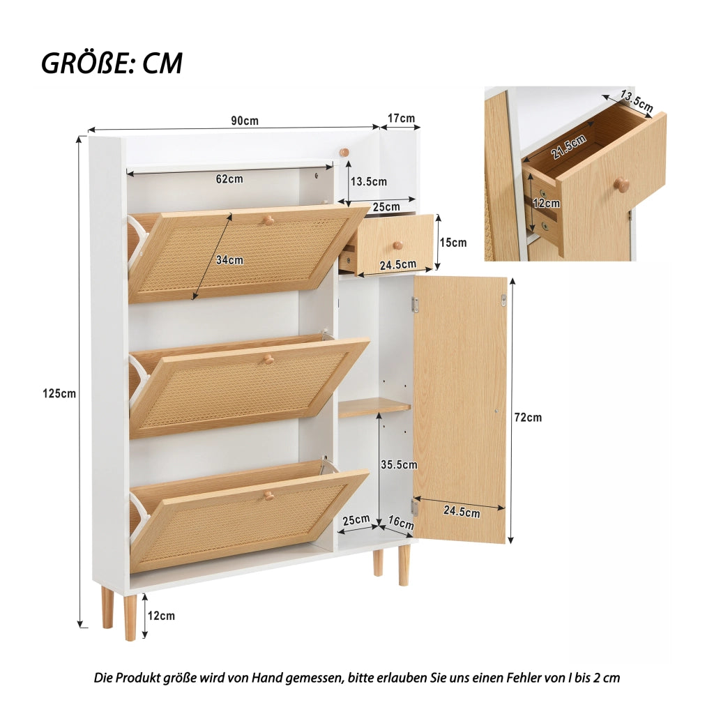 OKWISH Scarpiera con 3 Ante a Ribalta e 1 Cassetto, Ripiani Regolabili, per Ingresso, MDF, Naturale e Bianco, 90 x 17 x 125 cm