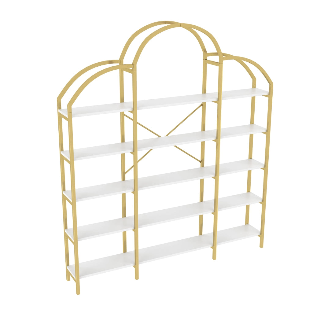 Libreria 5 Ripiani con Decorazione a Nuvola; Struttura Stabile in Metallo e MDF Bianco Oro