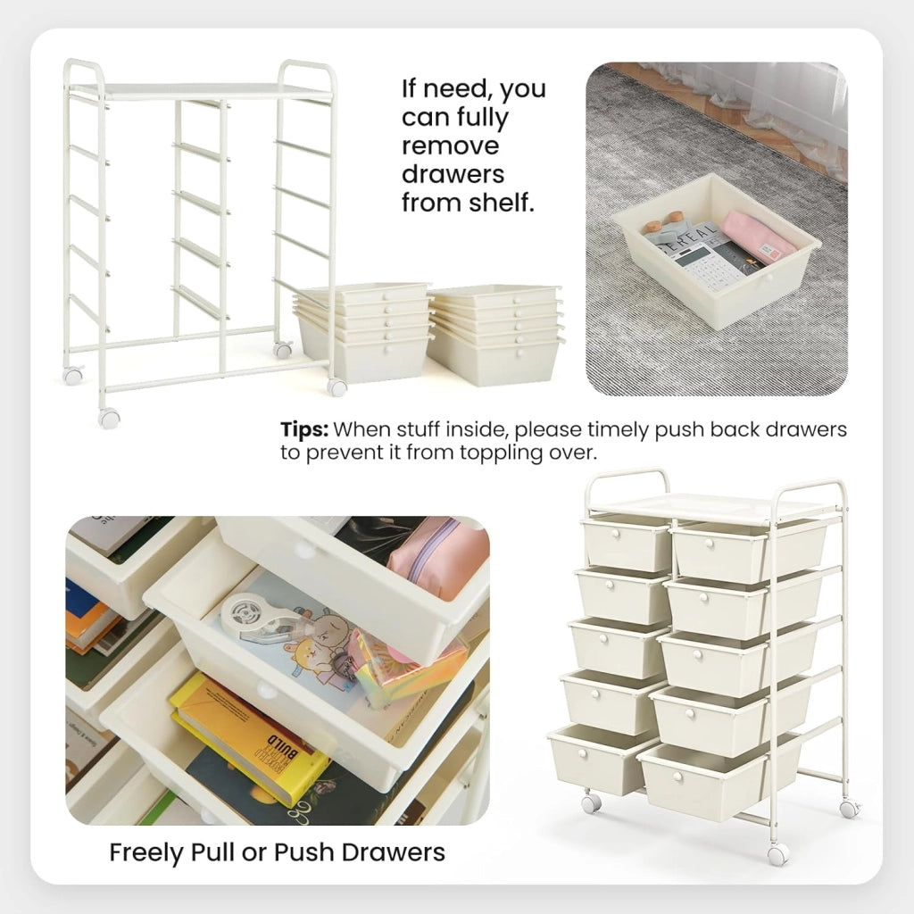 Carrello con 10 cassetti, impilabile, carrello per cassetti, carrello da cucina con ruote bloccabili, carrello per cucina, bagno, ufficio, 65,5 x 37 x 87 cm, bianco