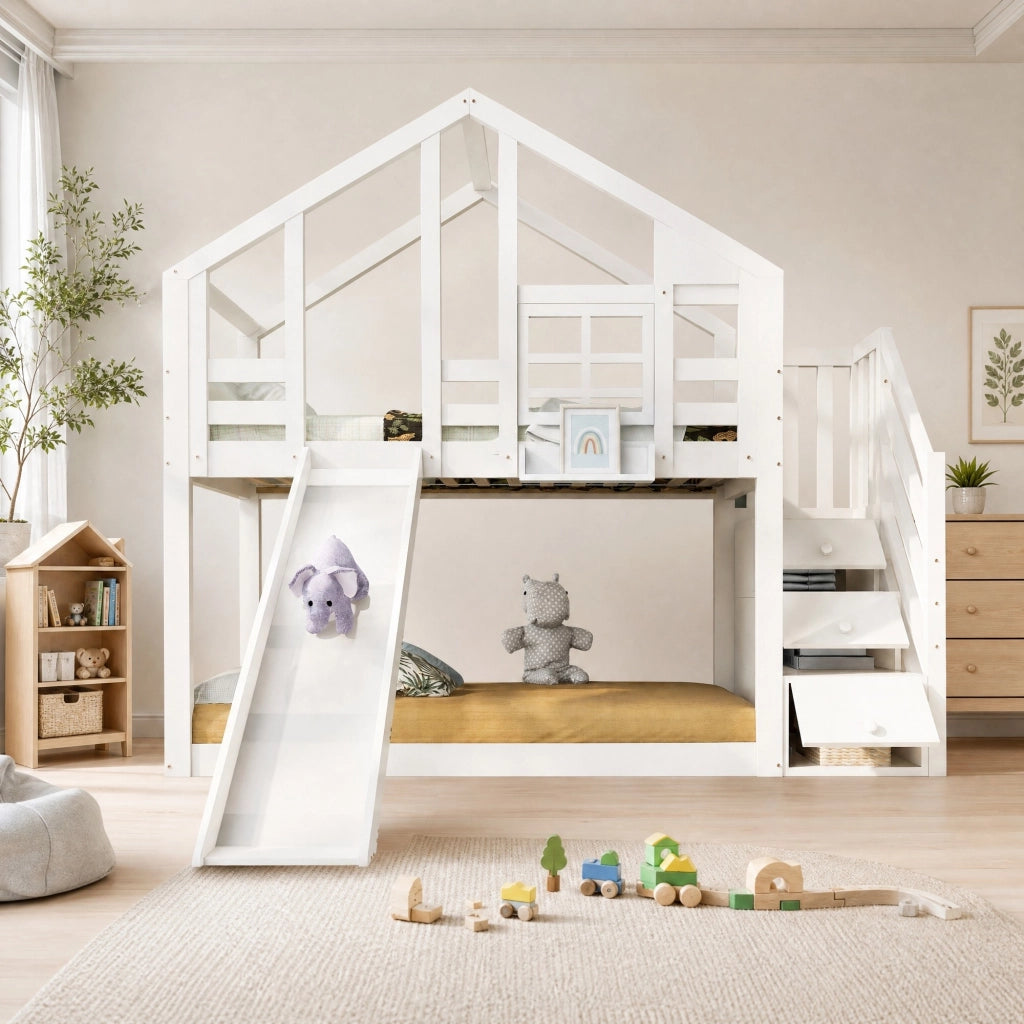 Letto a castello per bambini 90x200 cm in legno massello e MDF, bianco, con scivolo e contenitore