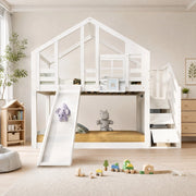 Letto a castello per bambini 90x200 cm in legno massello e MDF, bianco, con scivolo e contenitore