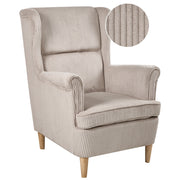 Poltrona Wingback Rivestimento in velluto a coste beige Schienale alto Gambe in legno Soggiorno tradizionale retrò