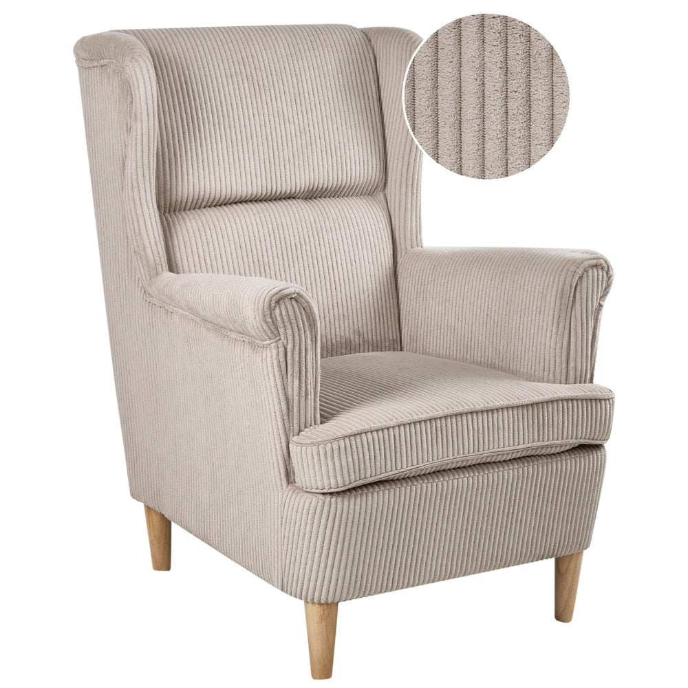 Poltrona Wingback Rivestimento in velluto a coste beige Schienale alto Gambe in legno Soggiorno tradizionale retrò