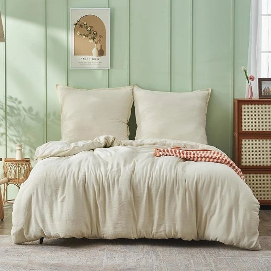 Set di lenzuola da letto in mussolina lussuoso 135 x 200 cm, cotone respirante, beige con chiusura a rima.