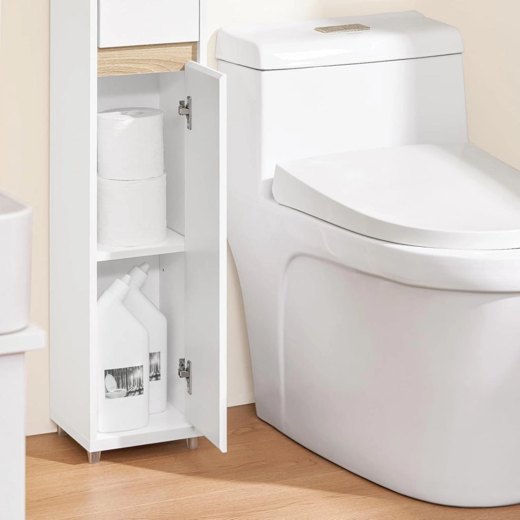 Mobiletto Bagno Salvaspazio Mobile Bagno Stretto (20 cm), Colonna Bagno Alta con Cassetto e Ripiani Regolabili, Mobile Almacenaje per Piccoli Spazi e WC, Bianco, 20x20x96 cm, BZR151-W