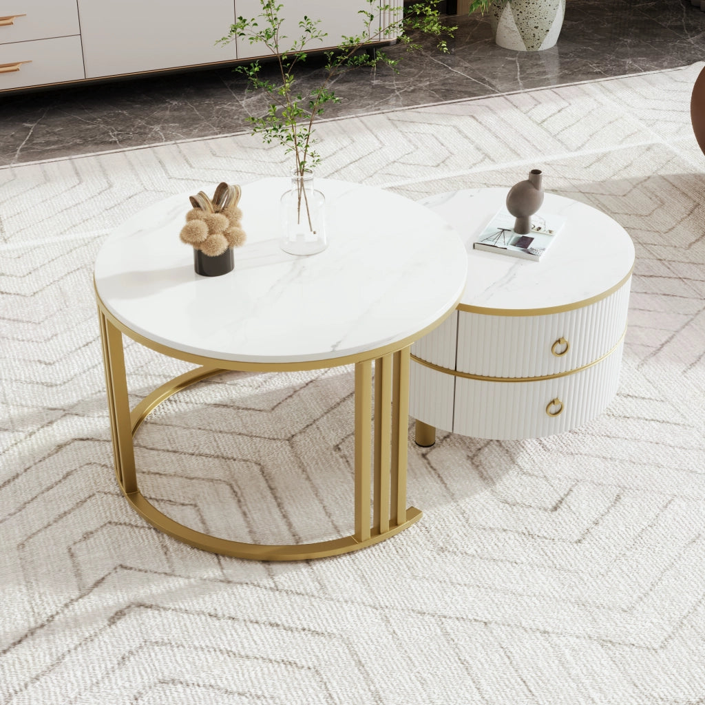 Tavolini da Caffè Nidificabili Rotondi con 2 Cassetti; Piano Lucido ed Effetto Marmo; in MDF; Bianco; 70×70×46 cm