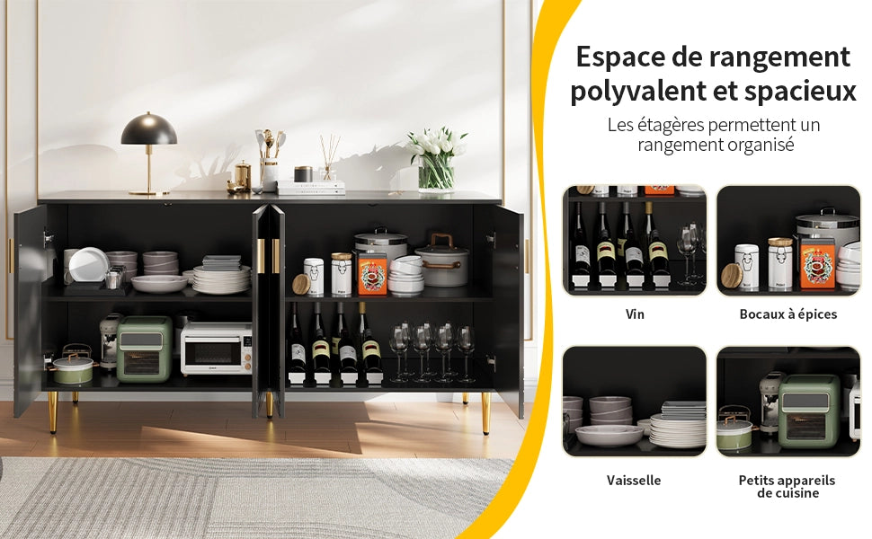 Sideboard nero 152x40x75 cm con design ondulato, maniglie e piedi dorati