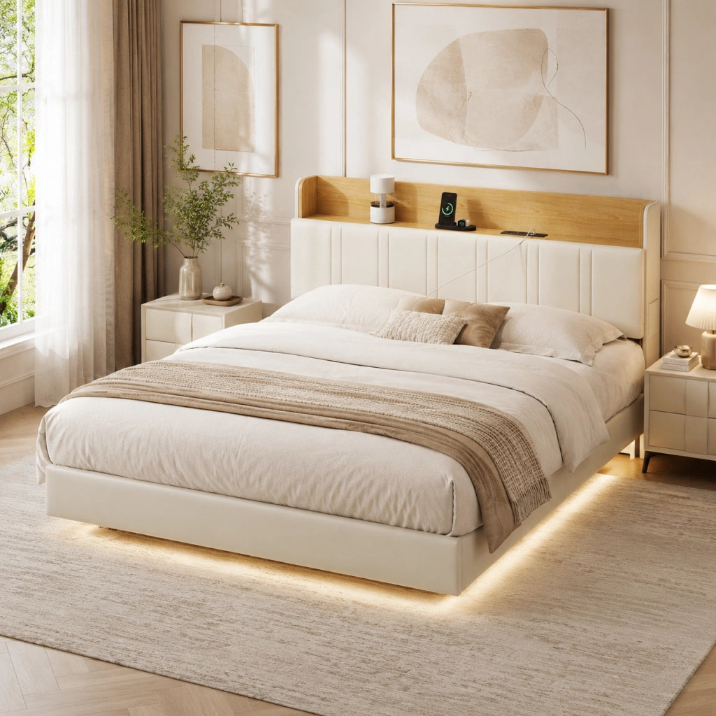 Letto matrimoniale 140x190 cm in pelle PU bianca, testiera con vano portaoggetti, stazione di ricarica, luci RGB a LED, struttura robusta portata 350kg
