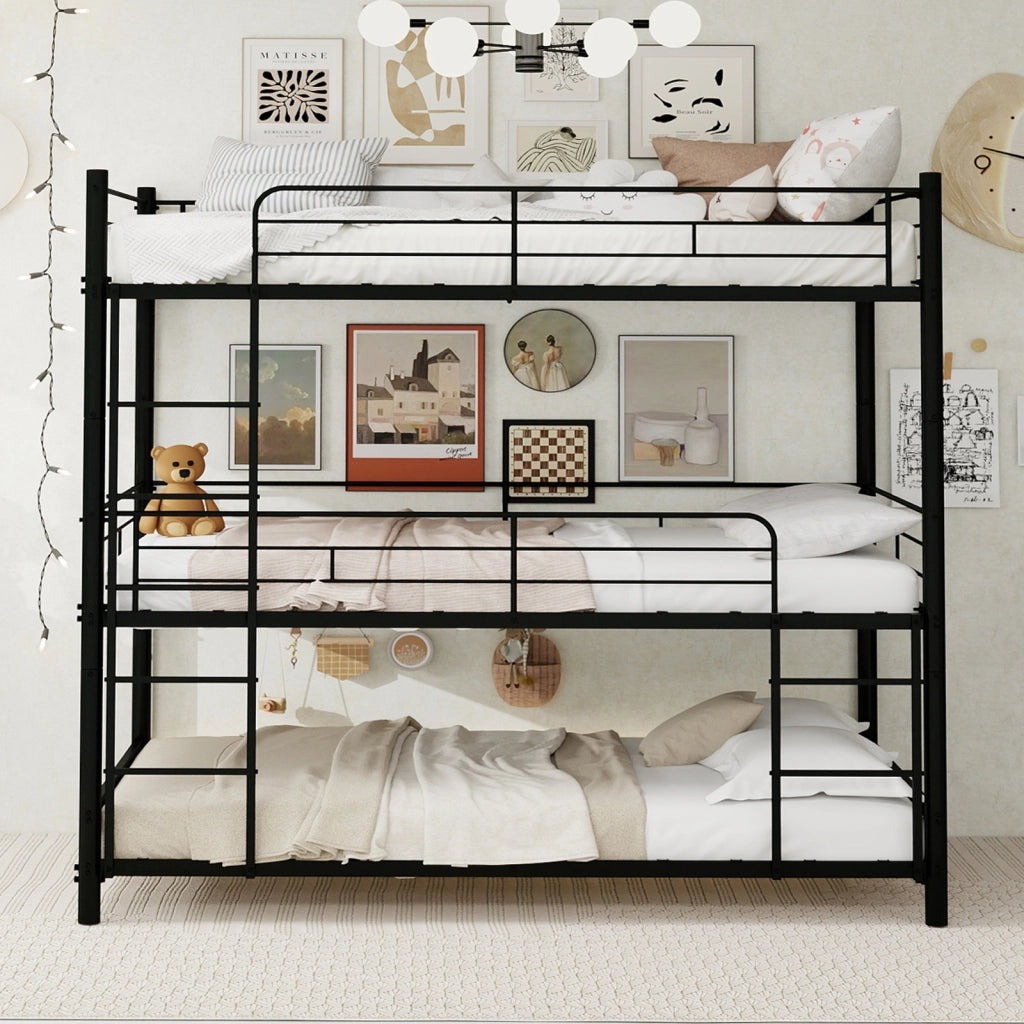 LETTO a Castello Triplo in Metallo Nero con Scale Integrate