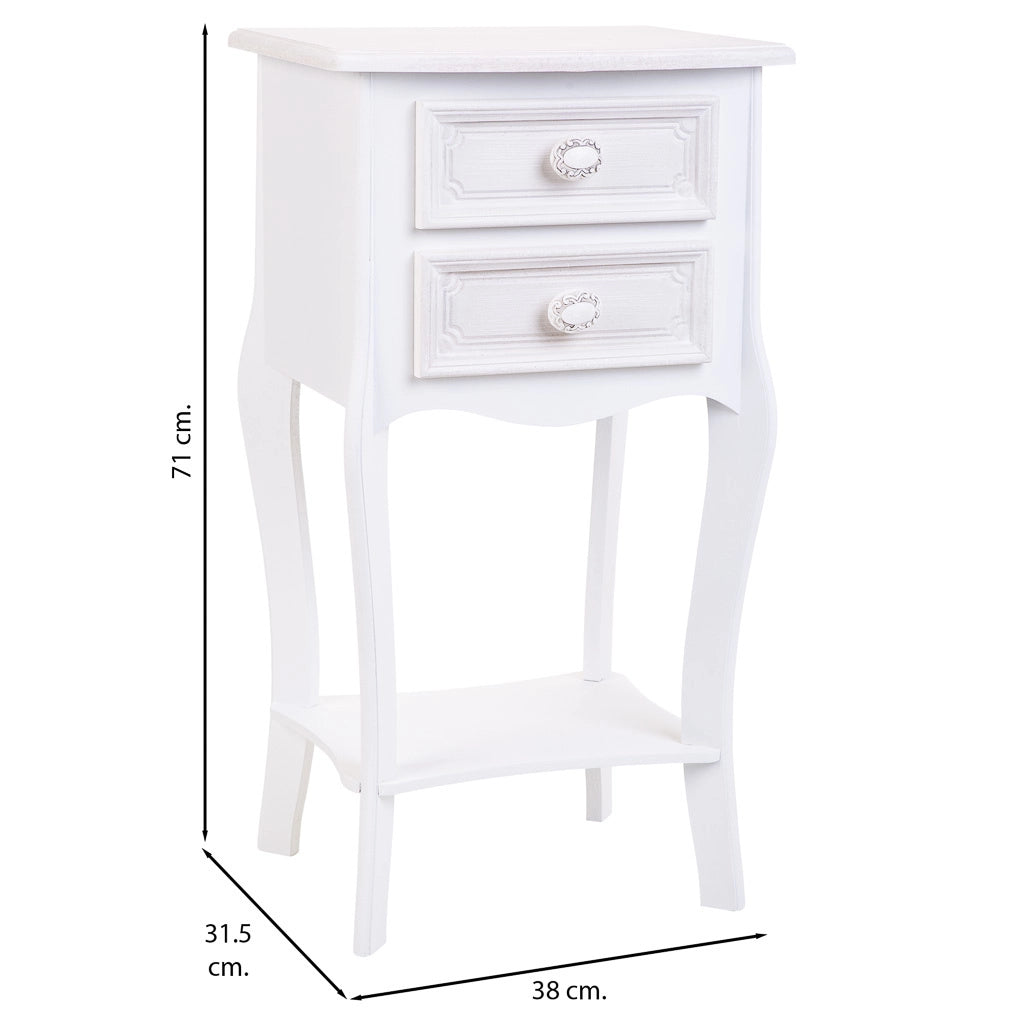Comodino in legno con 2 cassetti e 1 ripiano bianco 38x31,5x71.