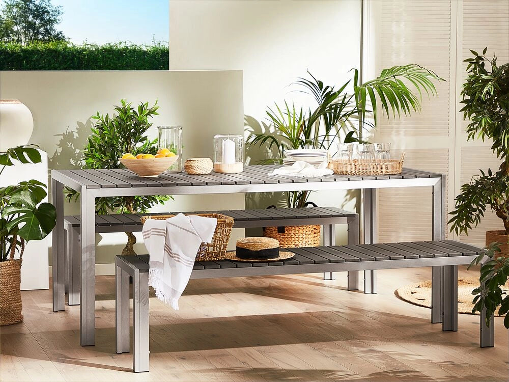 Set da Pranzo da Giardino Tavolo Rettangolare 2 Panche Telaio Alluminio anodizzato grigio esterno terrazzo
