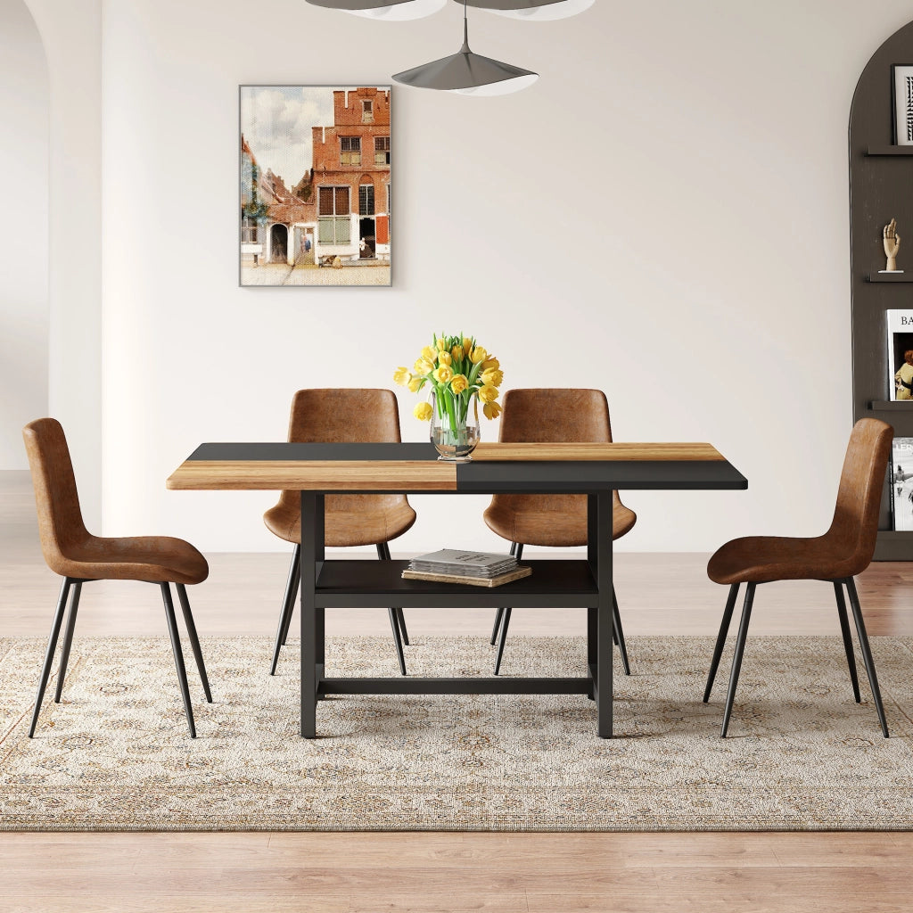 Tavolo da pranzo per 4 persone con ripiano contenitore e 4 sedie stile moderno in MDF e metallo marrone nero 160 cm