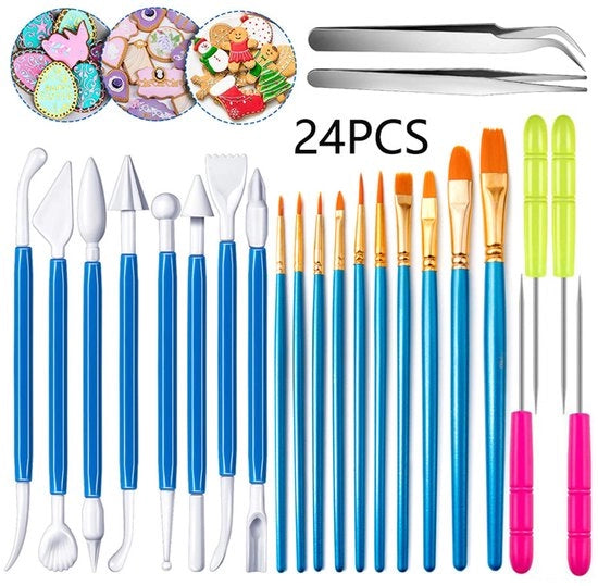 Set decorativo per biscotti e torte con fondant, 24 pezzi, comprensivo di pennelli decorativi, aghi per zucchero a velo, attrezzi per fondant, forbici curve e forbici rette (blu).