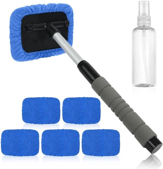 Kit di pulizia parabrezza con 5 microveli e 1 flacone spray, strumento di pulizia parabrezza con manico estensibile, rotazione 180 gradi