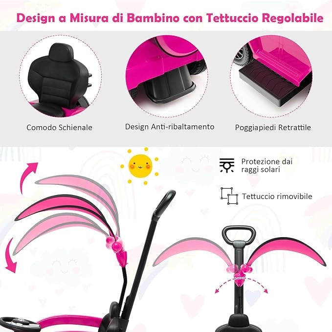 Auto a Spinta per Bambini, Macchina Cavalcabile a Spinta con Tettuccio Regolabile Maniglia per Genitori Paracolpi, Ideale per Bambini 12-36 Mesi (Rosa)