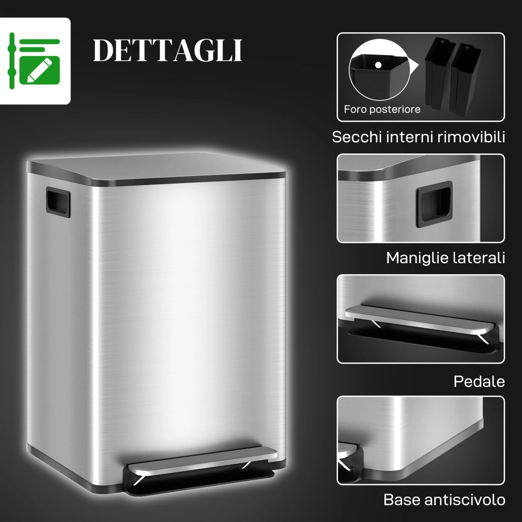 Bidone Immondizia a 2 Sezioni da 20L a Pedale con Coperchio Silenzioso, in Acciaio Inox e PP, 41.8x36.7x58 cm