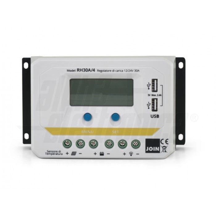Regolatore di carica PWM 12/24V 30A con display, uscita USB 5V e crepuscolare configurabile