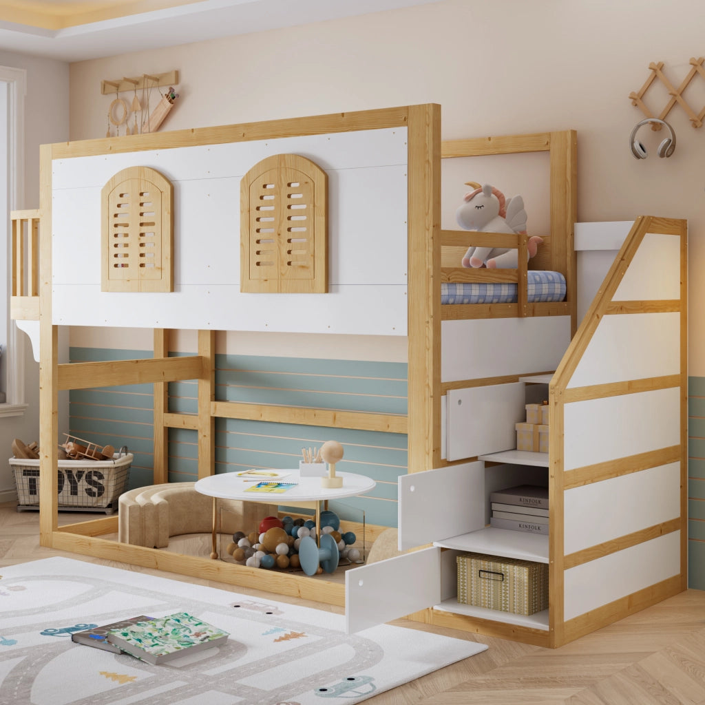 LETTO A CASTELLO 90x200 cm con scaletta contenitore, legno bianco/naturale