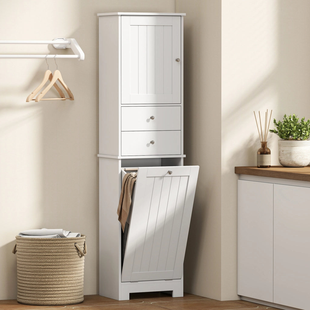 Mobile Bagno con Cesto, Armadietto e 2 Cassetti ¨C zephmum ¨C Legno, Bianco, 45x30x171 cm